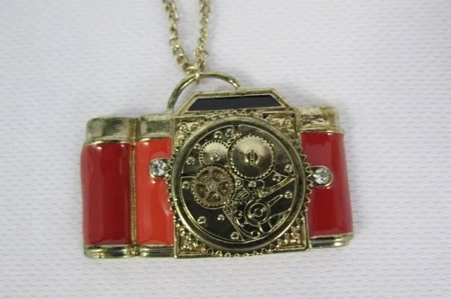 Brown Red Orange Long Rusty Gold Collector Camera Old Fashion Necklace