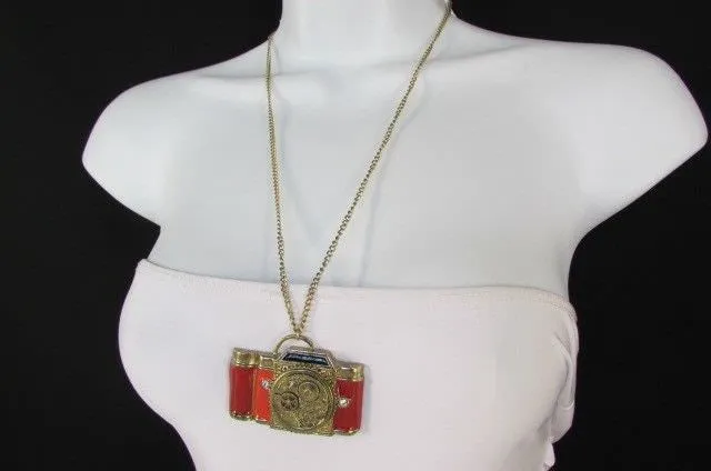Brown Red Orange Long Rusty Gold Collector Camera Old Fashion Necklace