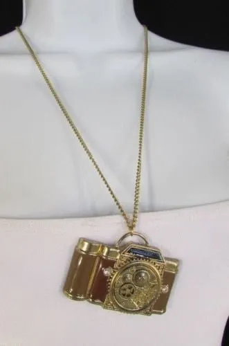 Brown Red Orange Long Rusty Gold Collector Camera Old Fashion Necklace
