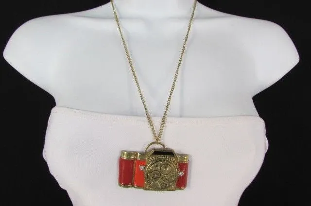 Brown Red Orange Long Rusty Gold Collector Camera Old Fashion Necklace