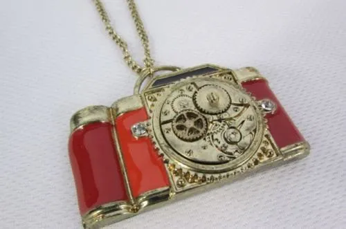 Brown Red Orange Long Rusty Gold Collector Camera Old Fashion Necklace