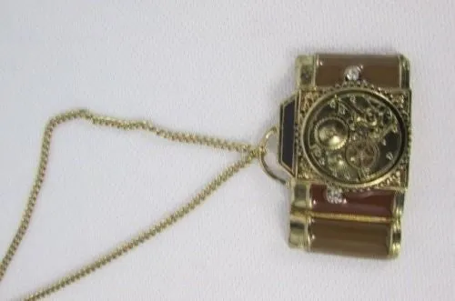 Brown Red Orange Long Rusty Gold Collector Camera Old Fashion Necklace