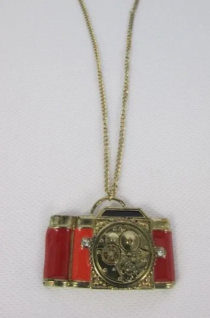 Brown Red Orange Long Rusty Gold Collector Camera Old Fashion Necklace