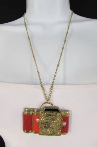 Brown Red Orange Long Rusty Gold Collector Camera Old Fashion Necklace
