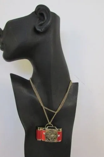 Brown Red Orange Long Rusty Gold Collector Camera Old Fashion Necklace