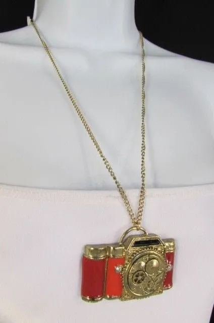 Brown Red Orange Long Rusty Gold Collector Camera Old Fashion Necklace