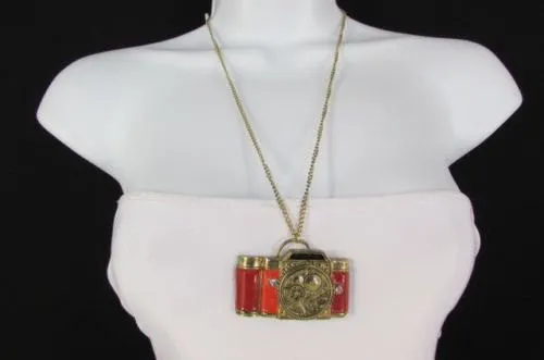 Brown Red Orange Long Rusty Gold Collector Camera Old Fashion Necklace