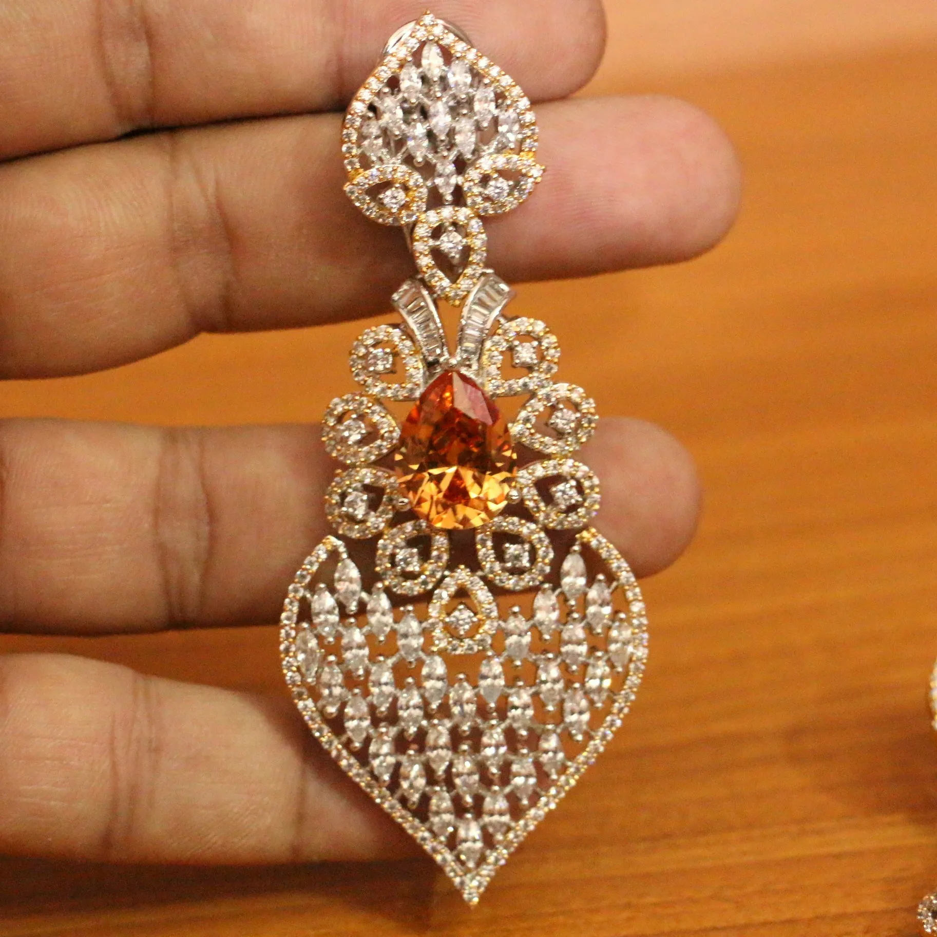 Champagne Stone & Cz Studded Diamond Look Danglers