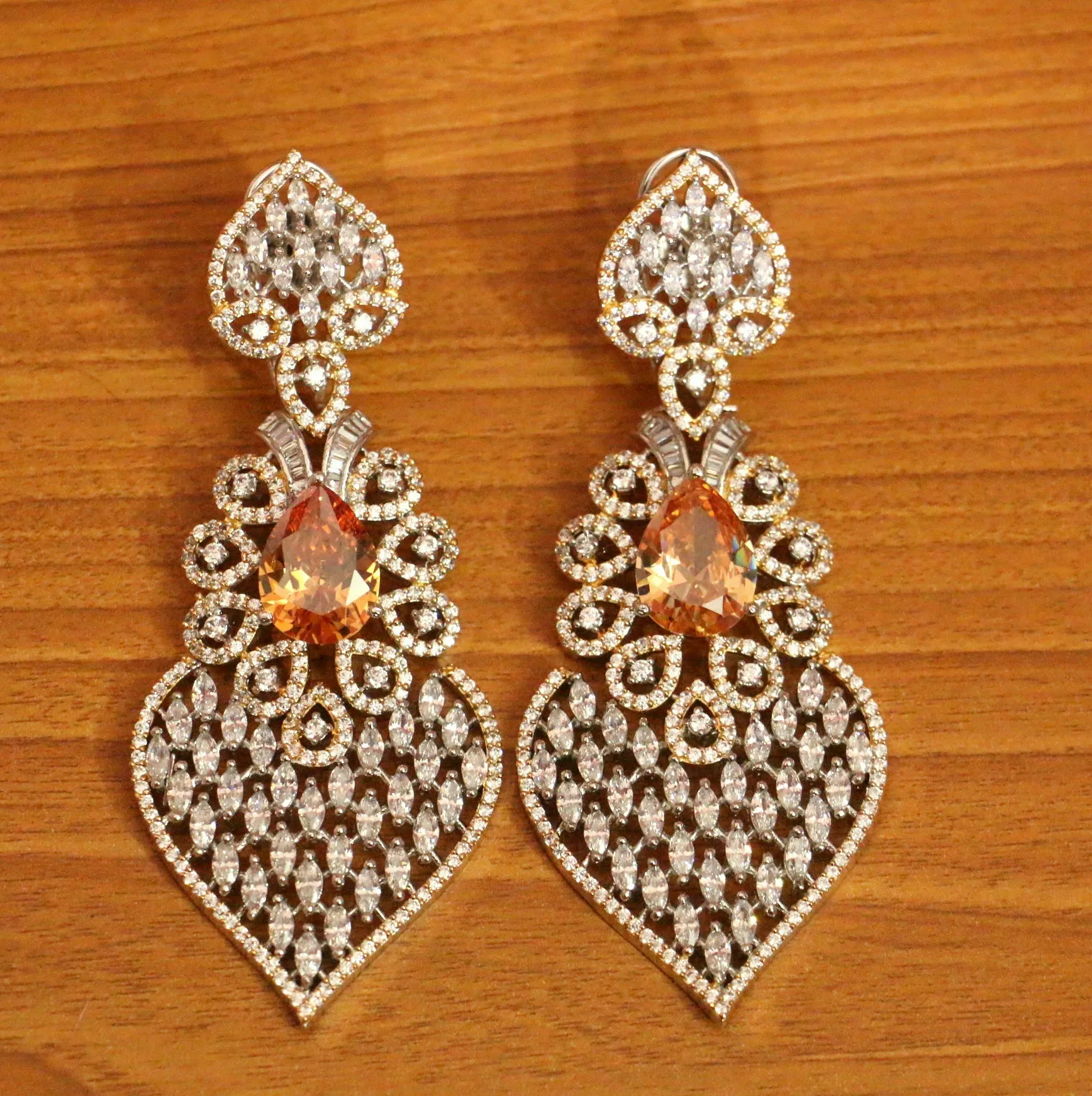 Champagne Stone & Cz Studded Diamond Look Danglers