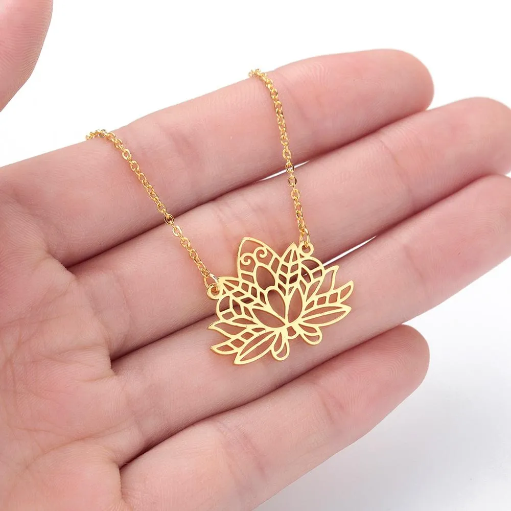 Chandler Stainless Steel Blooming Lotus Flower Necklace Origami Flower