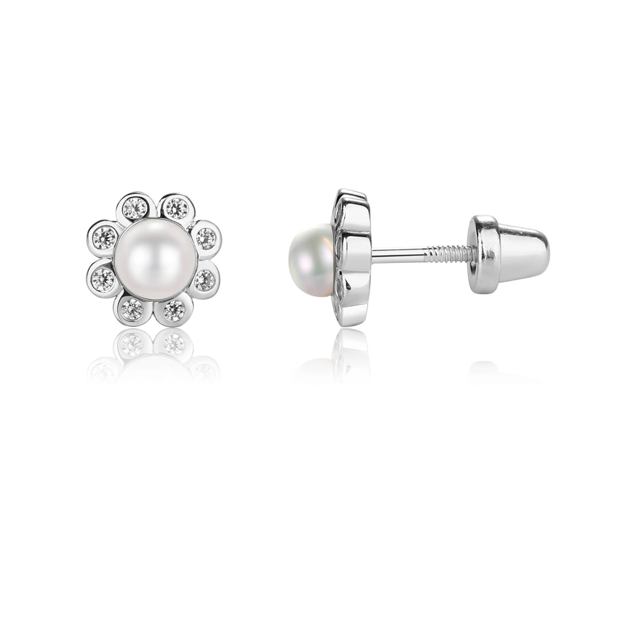 Cherished Moments - Sterling Silver Girls Screw-Back White Pearl Button Earrings