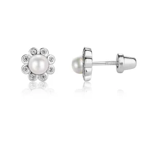 Cherished Moments - Sterling Silver Girls Screw-Back White Pearl Button Earrings