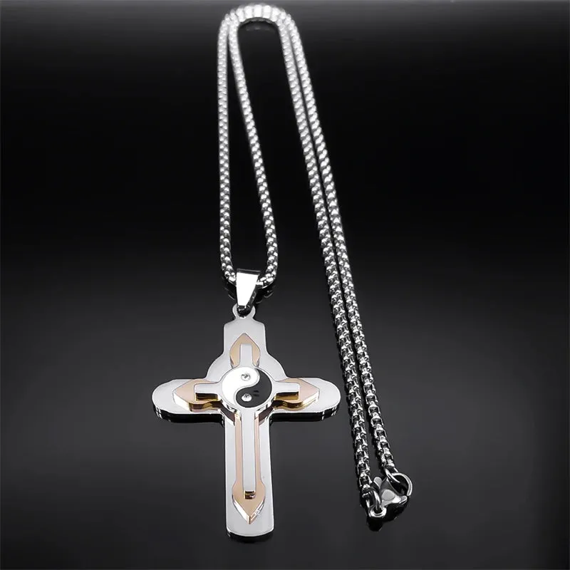 Christian Cross Necklace for Men Women Stainless Steel Gold Silver Color