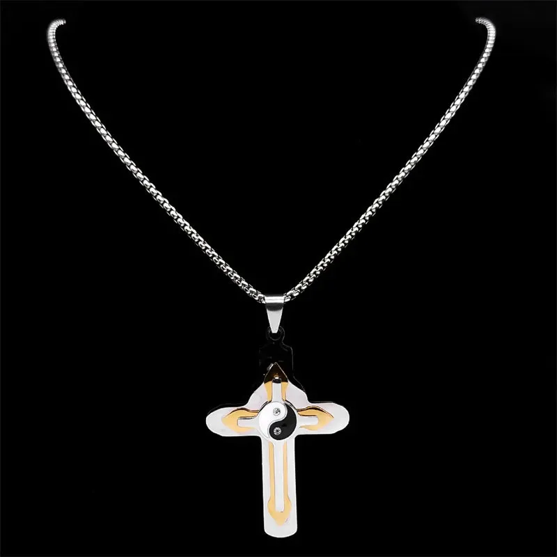 Christian Cross Necklace for Men Women Stainless Steel Gold Silver Color