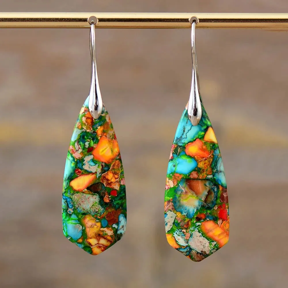 Colorful Imperial Jasper Cone-shaped Natural Stone Irregular Earrings