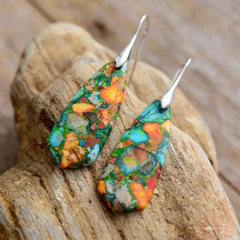 Colorful Imperial Jasper Cone-shaped Natural Stone Irregular Earrings