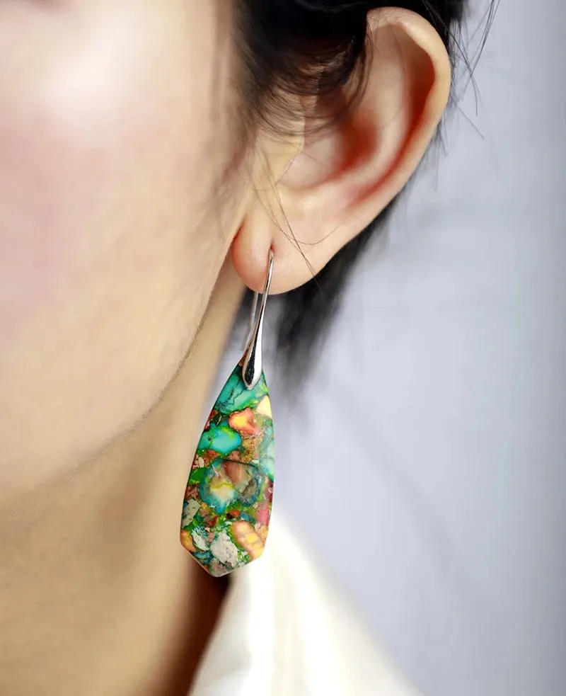Colorful Imperial Jasper Cone-shaped Natural Stone Irregular Earrings