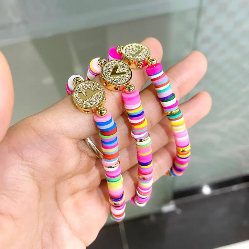 Colorful Zircon Encrusted Personalized A-Z Initial Charm Bracelets