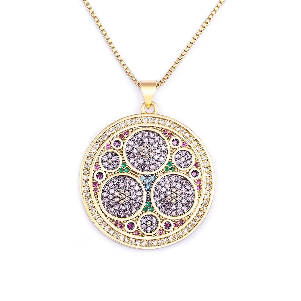 Combination Round Zircon Inlay Design Gold Plated Charm Bohemian Style Metal Tag Necklace
