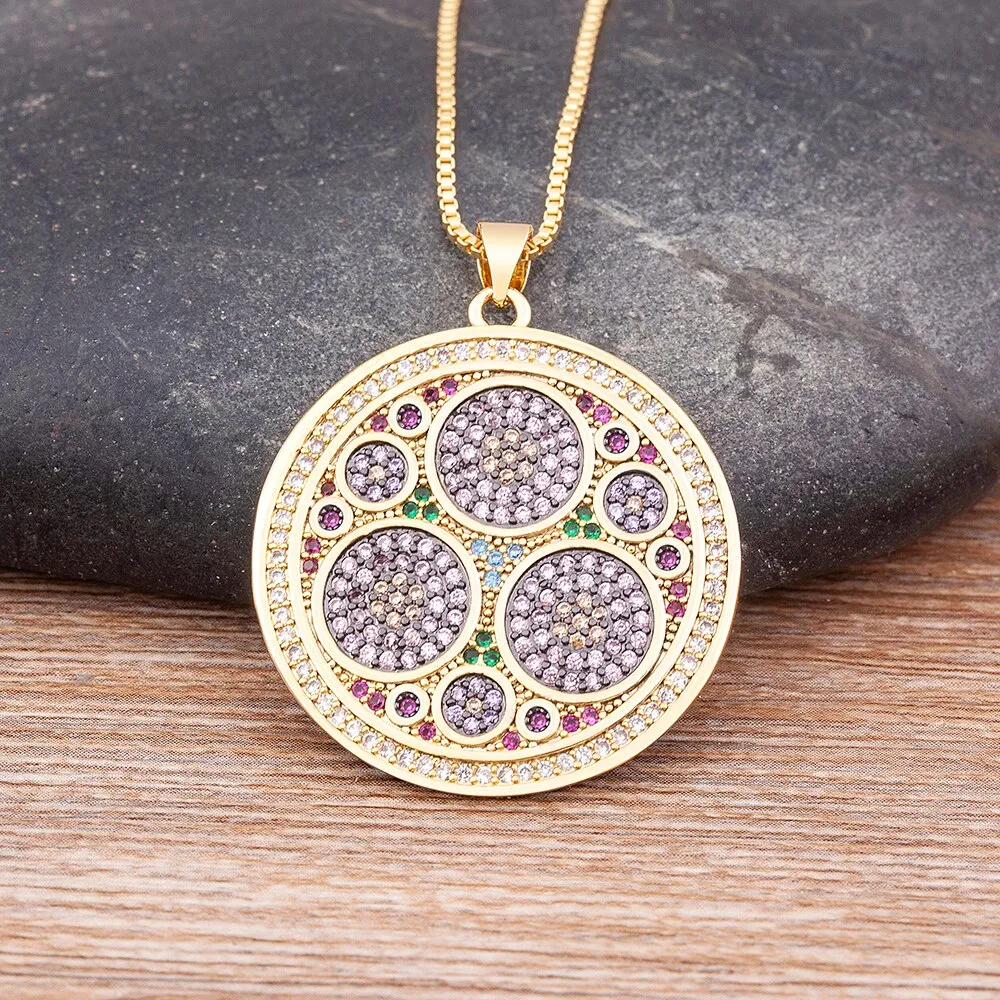 Combination Round Zircon Inlay Design Gold Plated Charm Bohemian Style Metal Tag Necklace