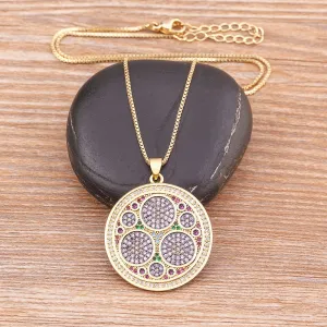 Combination Round Zircon Inlay Design Gold Plated Charm Bohemian Style Metal Tag Necklace