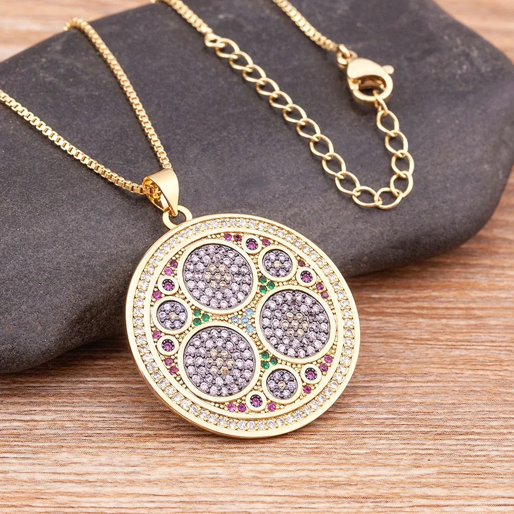 Combination Round Zircon Inlay Design Gold Plated Charm Bohemian Style Metal Tag Necklace