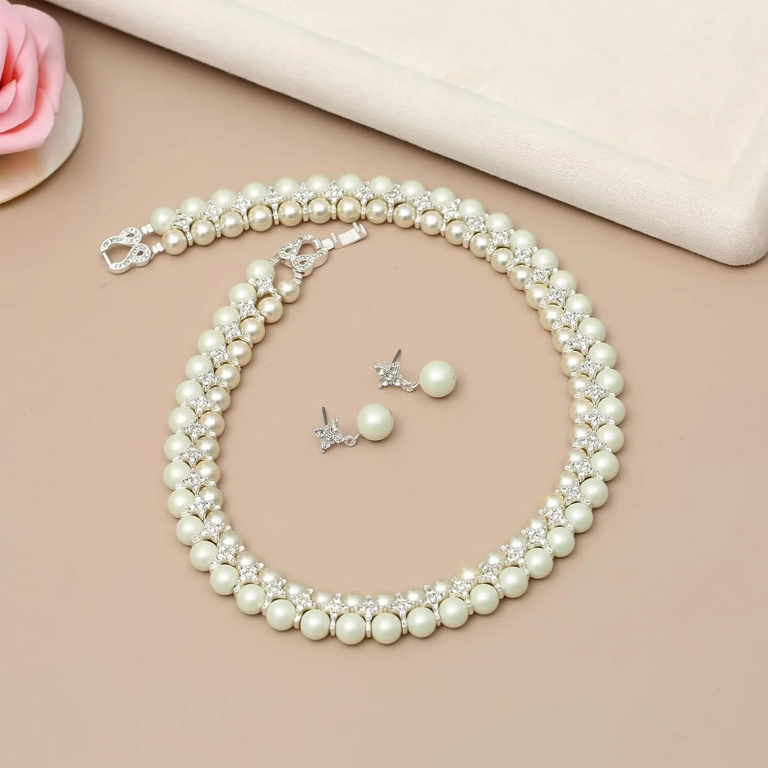 Costume Layered Twisted Gold Pearl Necklace Choker Chunky Glass Statement Pearl Necklace and Earring set, good gift for women Faux pearl necklace set imitation pearl necklace and earring