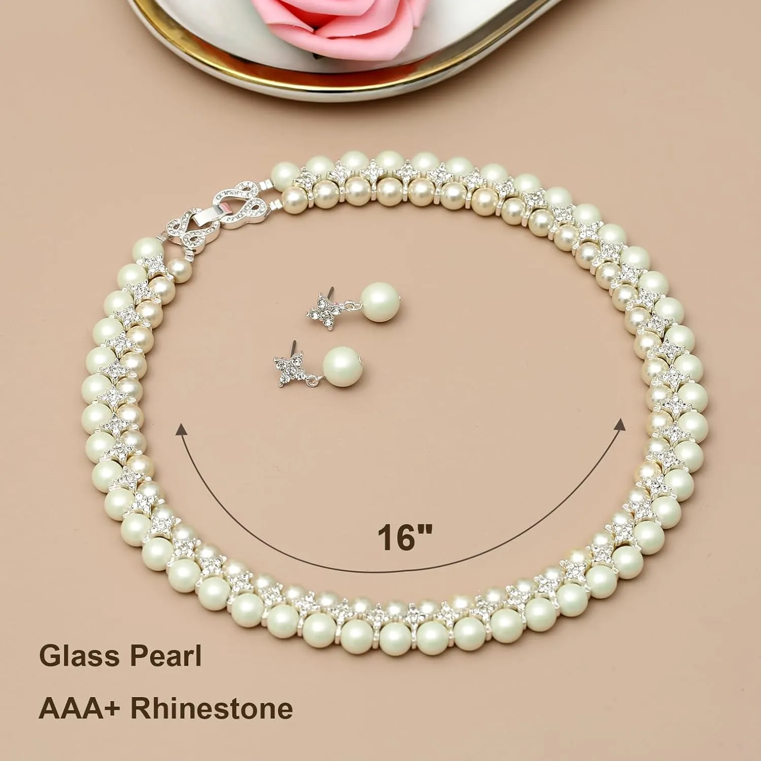Costume Layered Twisted Gold Pearl Necklace Choker Chunky Glass Statement Pearl Necklace and Earring set, good gift for women Faux pearl necklace set imitation pearl necklace and earring