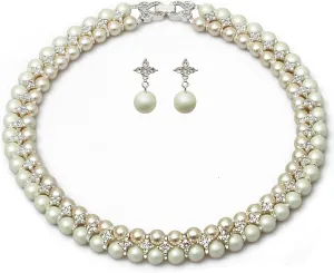 Costume Layered Twisted Gold Pearl Necklace Choker Chunky Glass Statement Pearl Necklace and Earring set, good gift for women Faux pearl necklace set imitation pearl necklace and earring