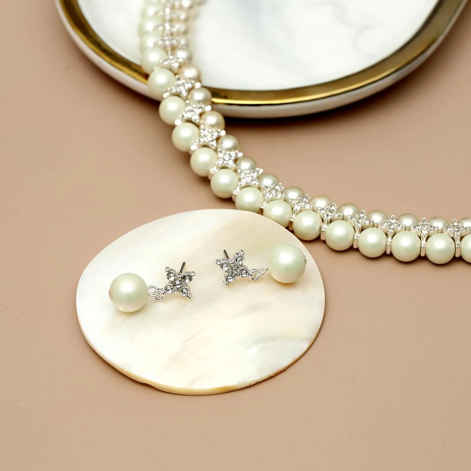 Costume Layered Twisted Gold Pearl Necklace Choker Chunky Glass Statement Pearl Necklace and Earring set, good gift for women Faux pearl necklace set imitation pearl necklace and earring