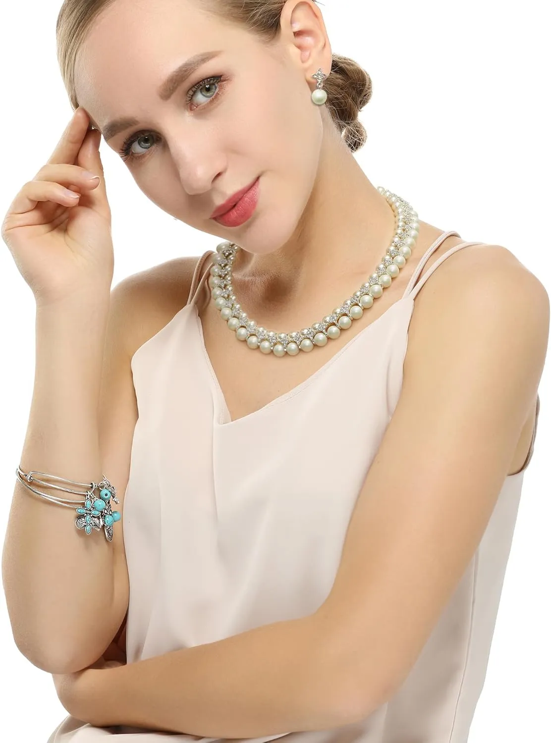 Costume Layered Twisted Gold Pearl Necklace Choker Chunky Glass Statement Pearl Necklace and Earring set, good gift for women Faux pearl necklace set imitation pearl necklace and earring