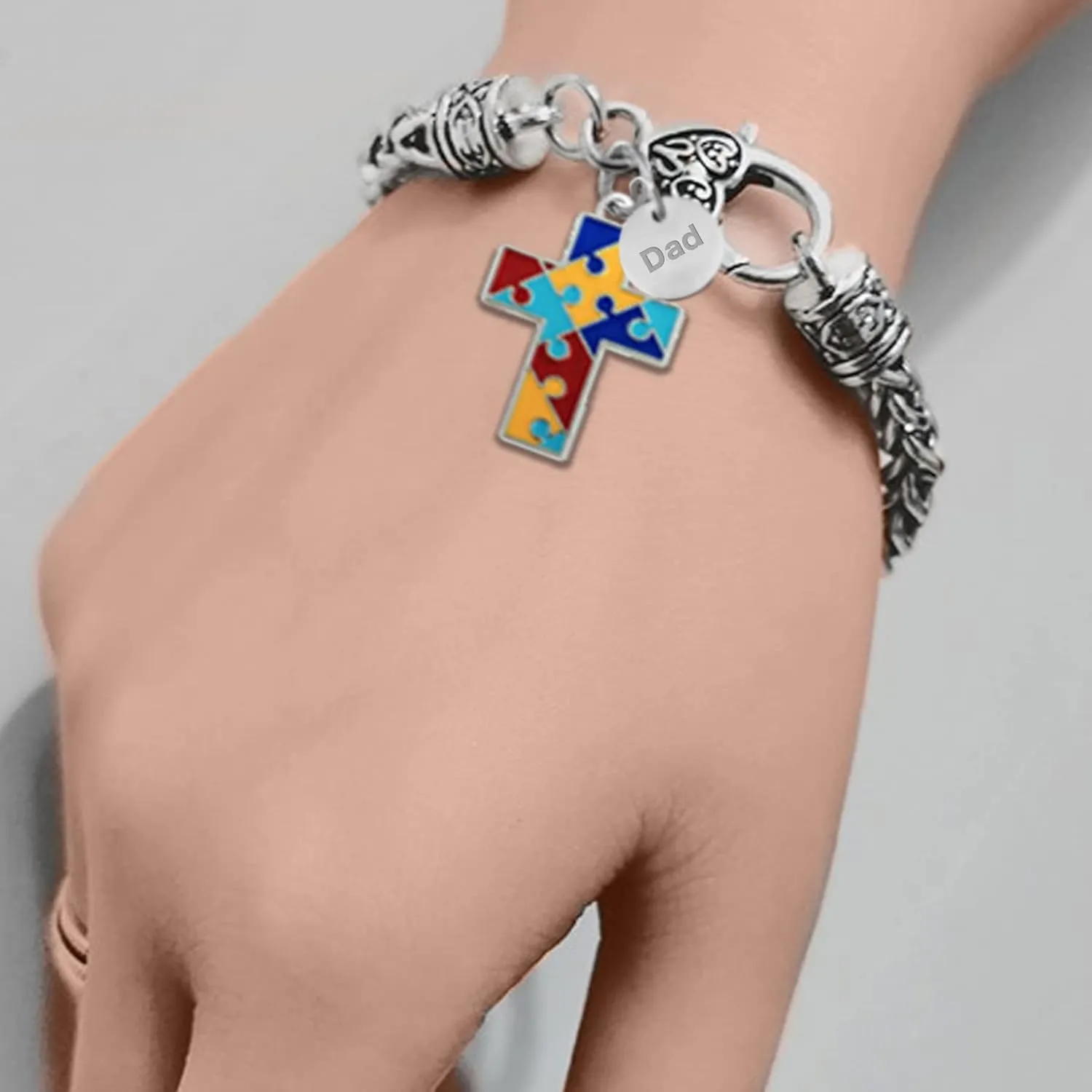 Cross Autism Bracelets for Women Adjustable Mom Grandma Dad Grandpa Jigsaw Puzzle Pendant Jesus God Heart Family Friends Stainless Steel