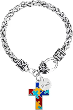 Cross Autism Bracelets for Women Adjustable Mom Grandma Dad Grandpa Jigsaw Puzzle Pendant Jesus God Heart Family Friends Stainless Steel