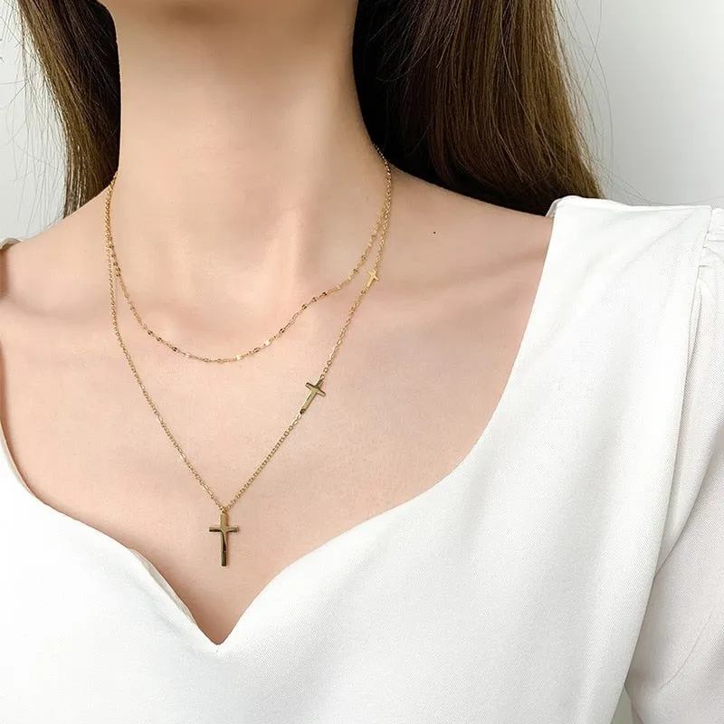 Cross Double Layer Necklace Female Chocker Simple Double Layer Cross Necklace