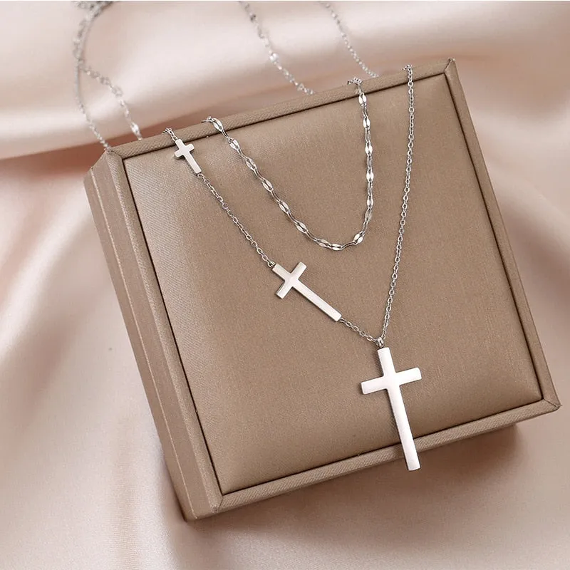 Cross Double Layer Necklace Female Chocker Simple Double Layer Cross Necklace