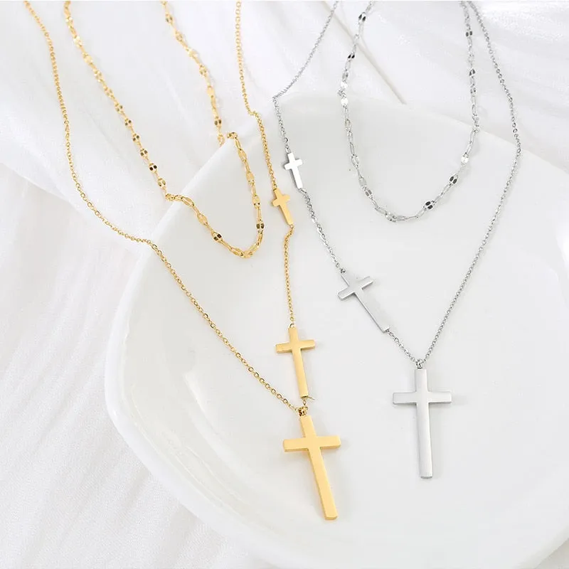 Cross Double Layer Necklace Female Chocker Simple Double Layer Cross Necklace
