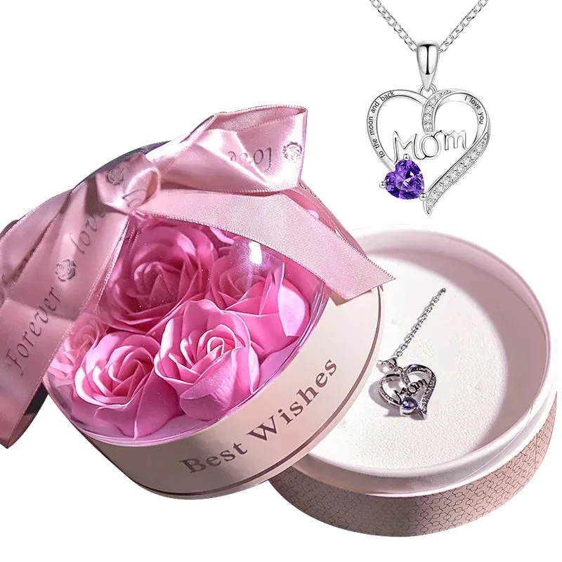 Crystal Heart Mom Pendant Necklace Jewelry In Soap Flower Storage Box Gift Set