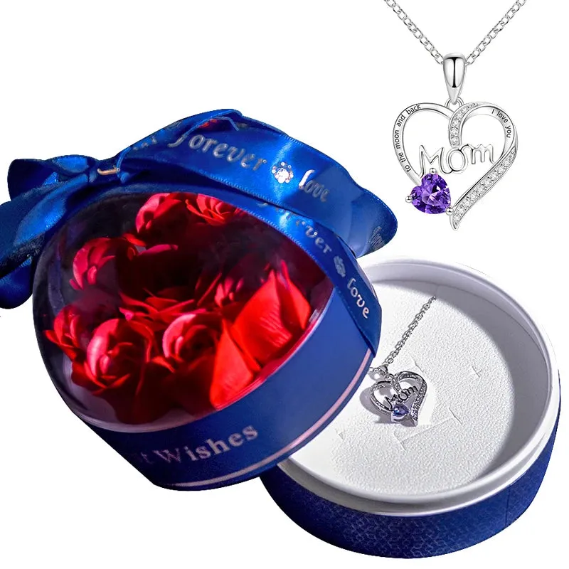 Crystal Heart Mom Pendant Necklace Jewelry In Soap Flower Storage Box Gift Set