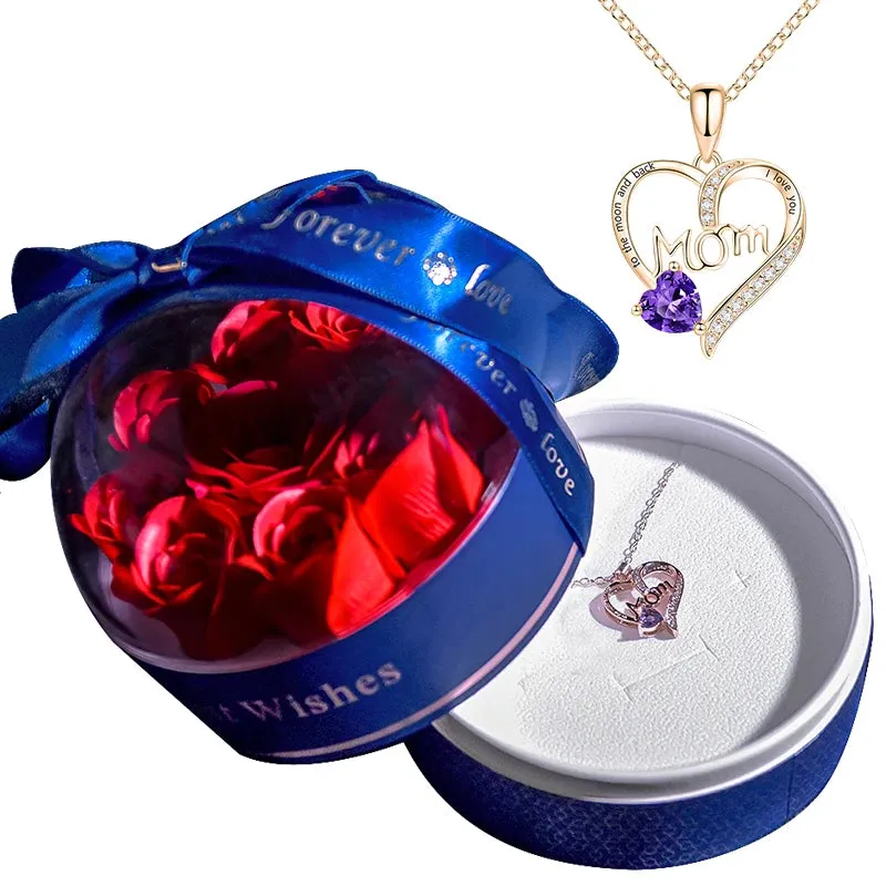 Crystal Heart Mom Pendant Necklace Jewelry In Soap Flower Storage Box Gift Set