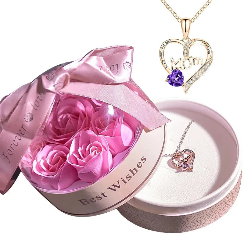 Crystal Heart Mom Pendant Necklace Jewelry In Soap Flower Storage Box Gift Set