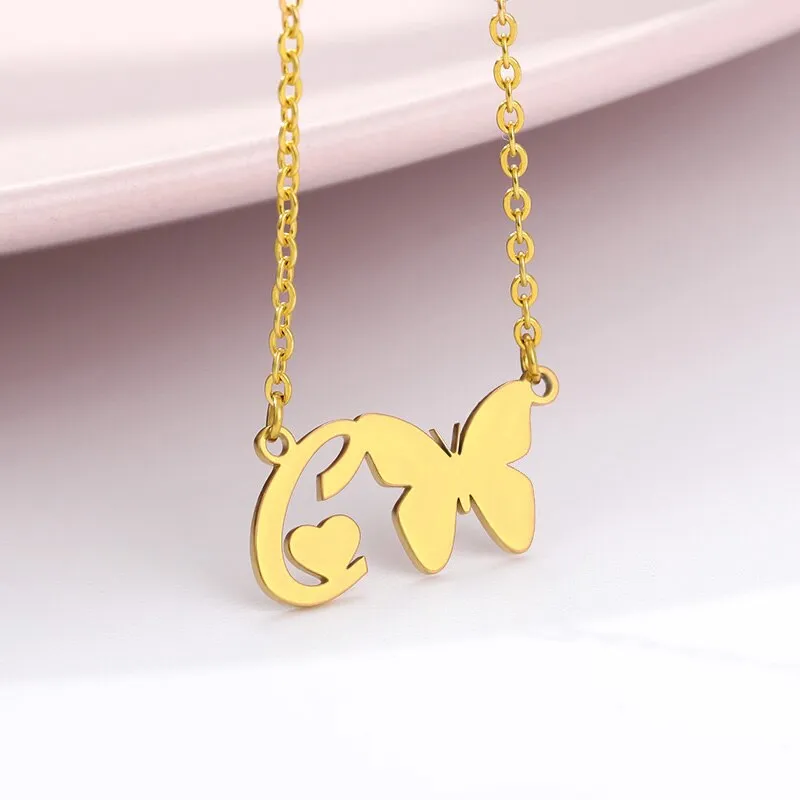 Cute Letter Butterfly Heart Necklace For Women