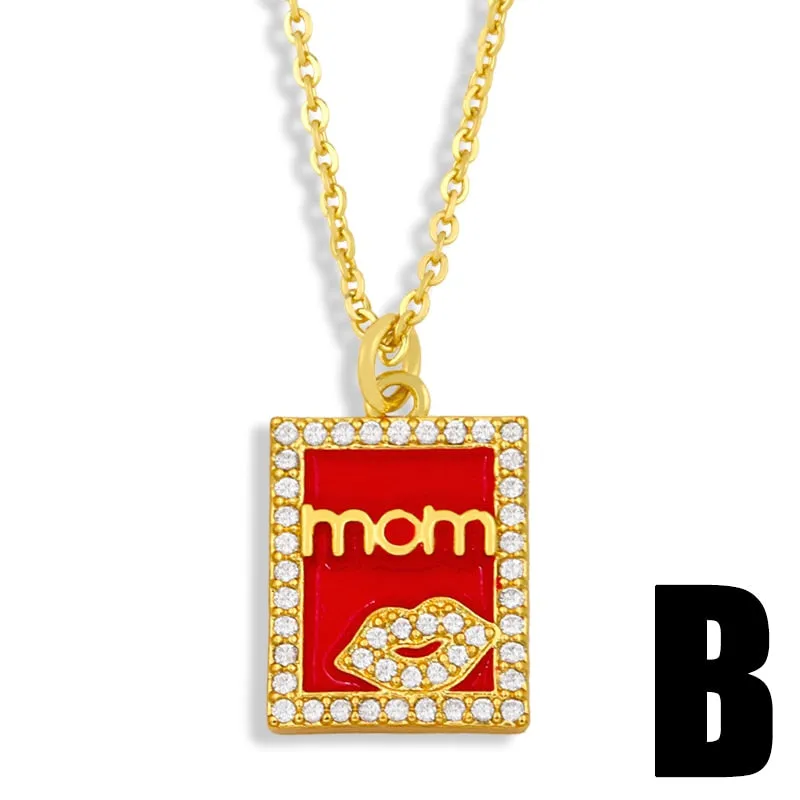 CZ Gold Plated Heart MaMa Necklace Women Rhinestone Square Mom Pendant Necklace