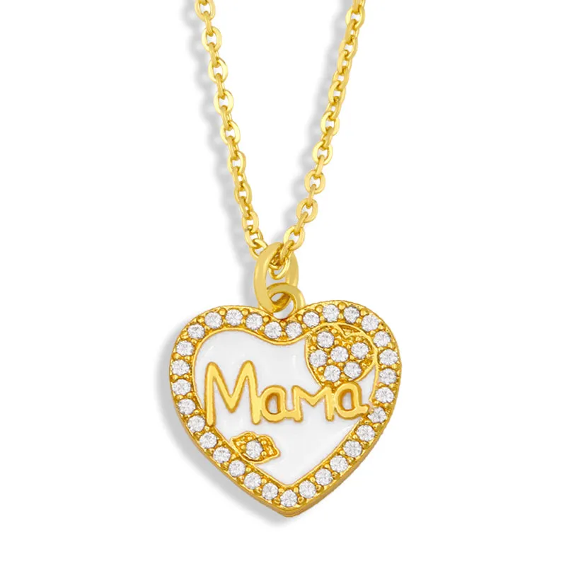 CZ Gold Plated Heart MaMa Necklace Women Rhinestone Square Mom Pendant Necklace