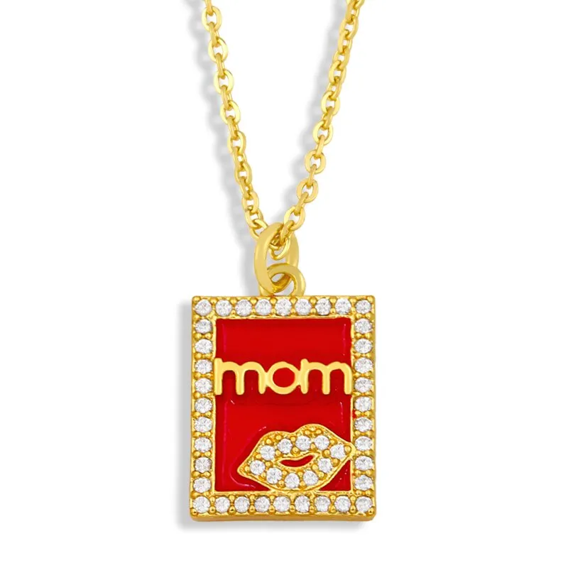 CZ Gold Plated Heart MaMa Necklace Women Rhinestone Square Mom Pendant Necklace