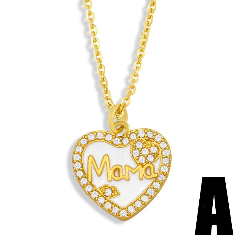 CZ Gold Plated Heart MaMa Necklace Women Rhinestone Square Mom Pendant Necklace