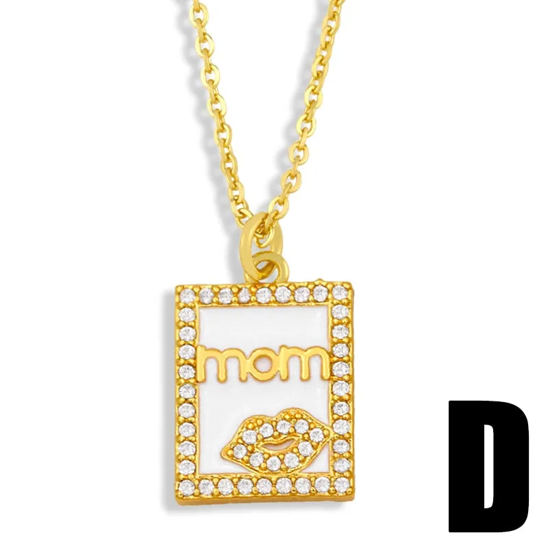 CZ Gold Plated Heart MaMa Necklace Women Rhinestone Square Mom Pendant Necklace