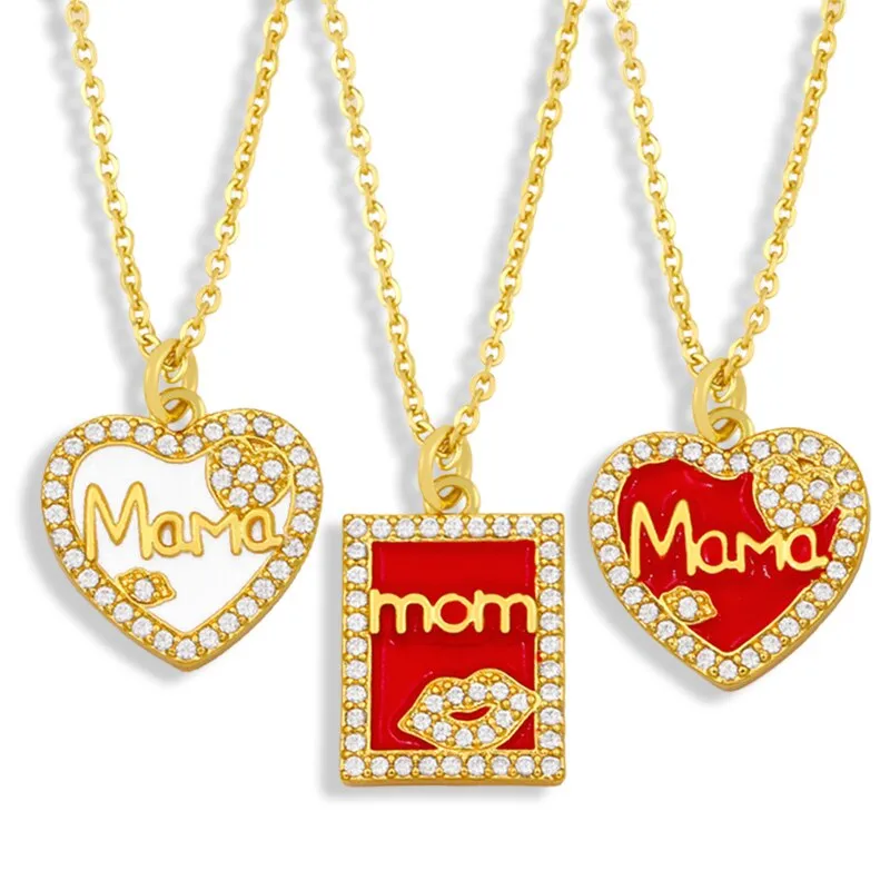 CZ Gold Plated Heart MaMa Necklace Women Rhinestone Square Mom Pendant Necklace