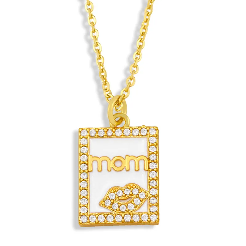 CZ Gold Plated Heart MaMa Necklace Women Rhinestone Square Mom Pendant Necklace