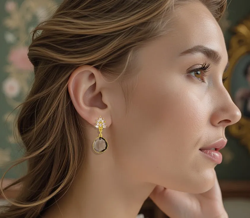 Dainty Smokey Quartz Drop Earrings with Cubic Zirconia Accents: Timeless Smokey Quartz Earrings