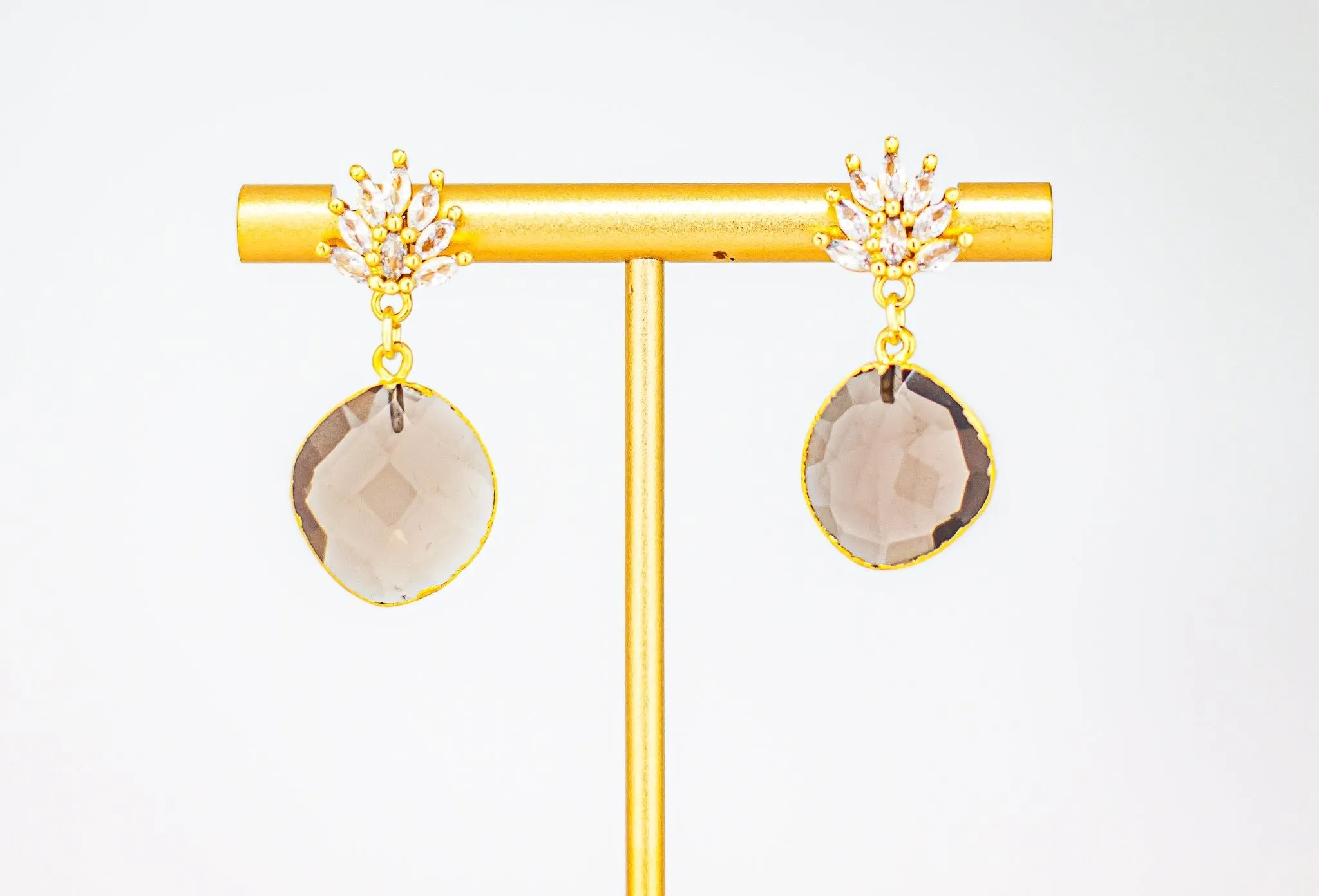 Dainty Smokey Quartz Drop Earrings with Cubic Zirconia Accents: Timeless Smokey Quartz Earrings